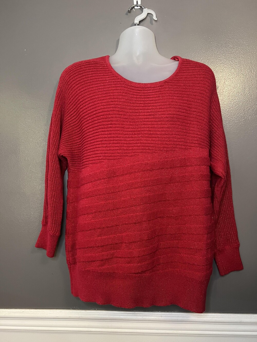Alfani Sweater Womens Plus Size 1X Red Metallic Ribbed Knit Crewneck Pullover
